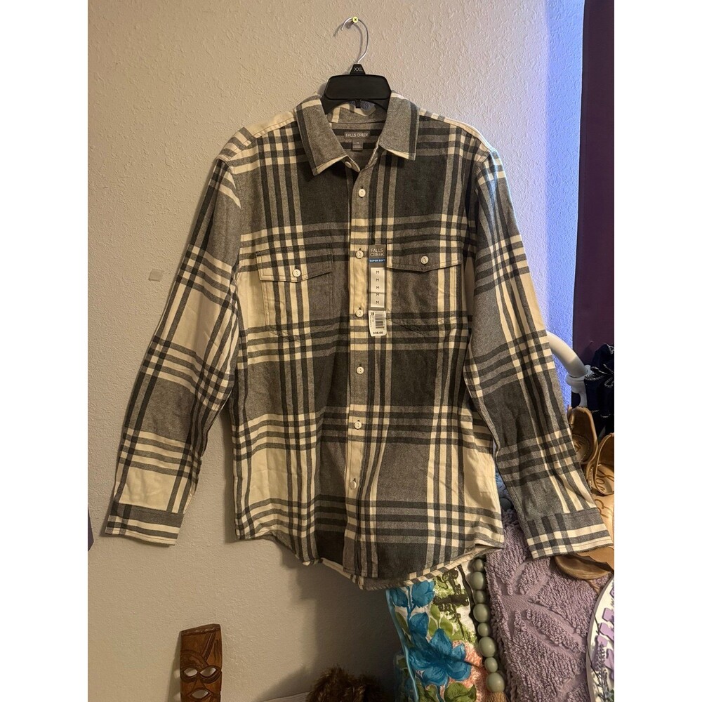 Falls Creek Flannel Shirt Mens Medium Gray Plaid Button Up Super Soft NWT